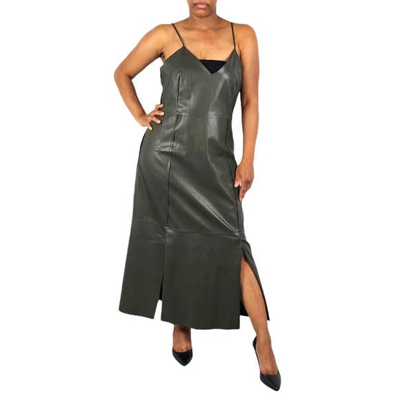 Banana Republic Princess Seam Army Green Vegan Leather Maxi Dress